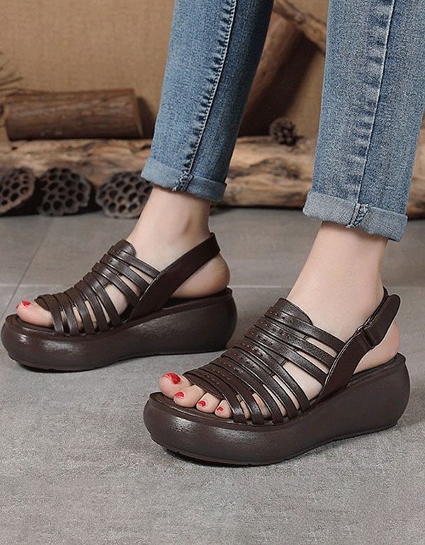 Retro Leather Summer Colorful Wedge Sandaler