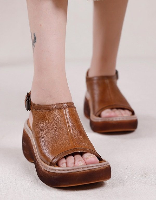 Retro Leather Summer Open Toe Platform Sandaler