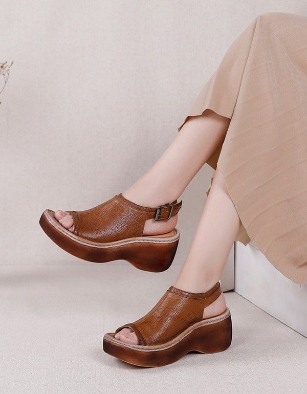 Retro Leather Summer Open Toe Platform Sandaler