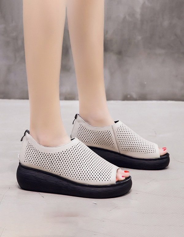 Sommer Fish Toe Dame Leather Wedge Sandaler