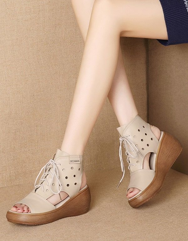 Summer Retro Leather Lace-up Wedge Sandaler