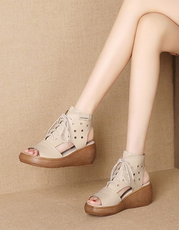 Summer Retro Leather Lace-up Wedge Sandaler