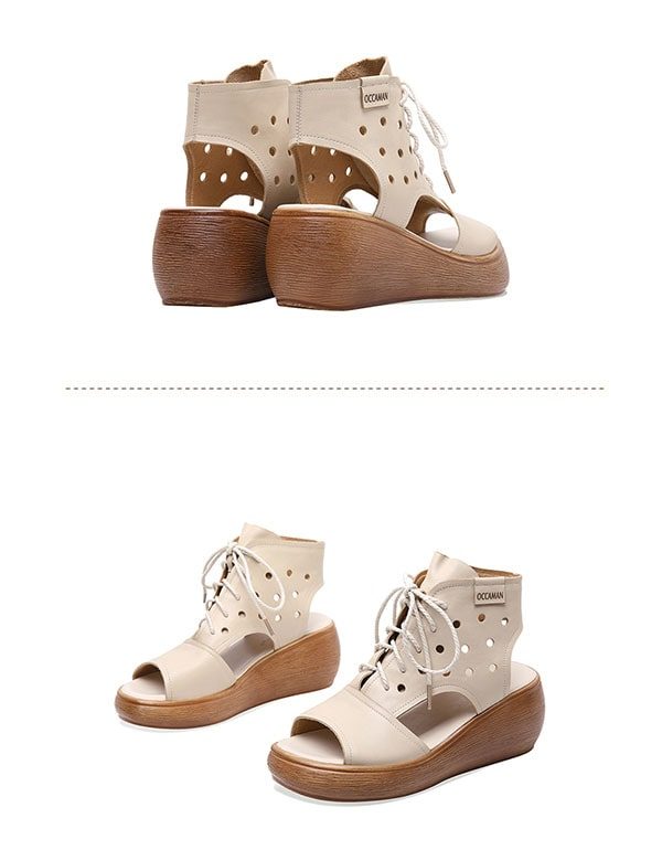 Summer Retro Leather Lace-up Wedge Sandaler