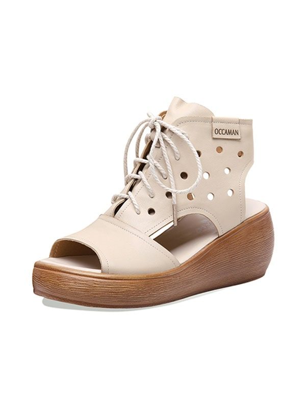 Summer Retro Leather Lace-up Wedge Sandaler