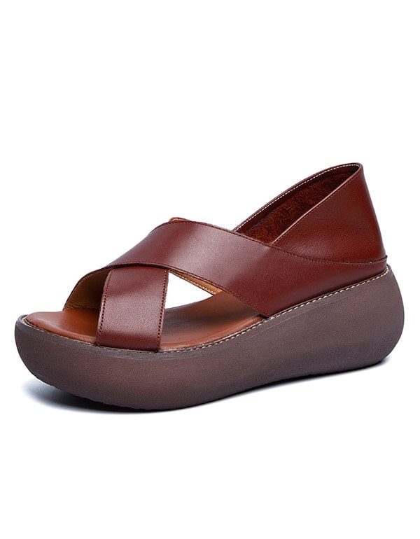 Summer Retro Leather Slip On Platform Sandaler