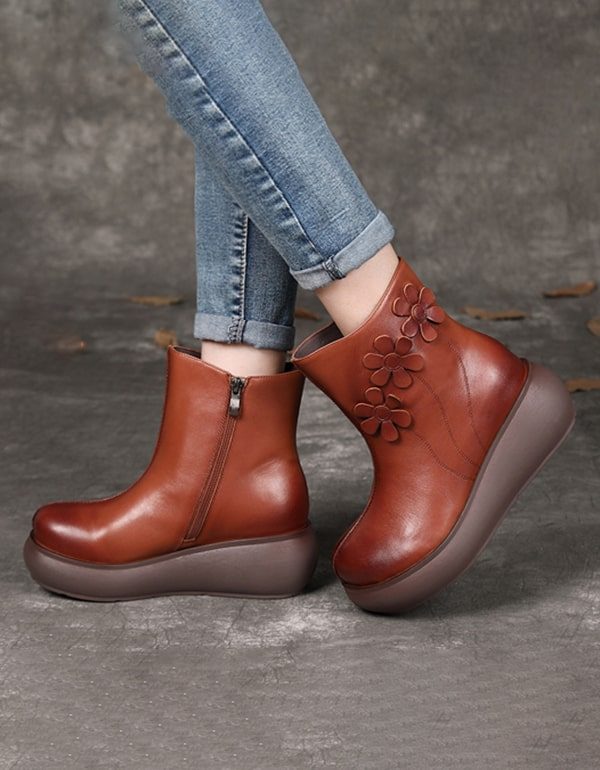 Flower Retro Leather Wedge Ankel Boots