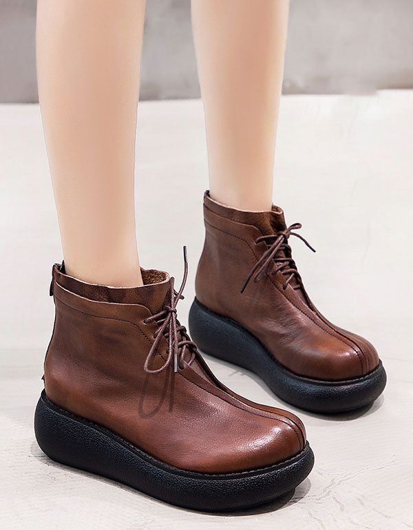 Retro Leather Dame Wedge Short Boots