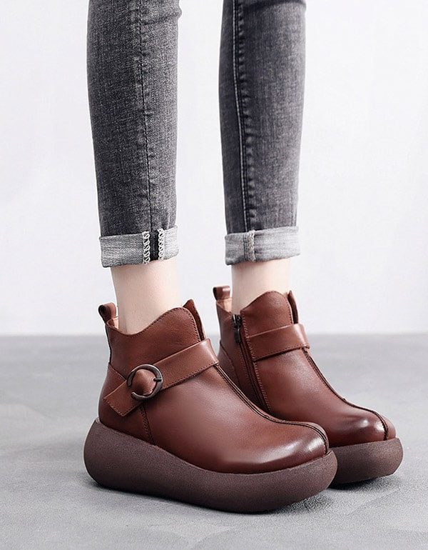 Retro Leather Spenne Platform Boots For Kvinner