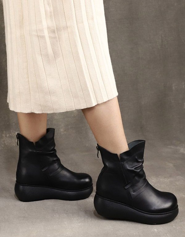 Winter Plush Mid-tube Retro Leather Wedge Boots