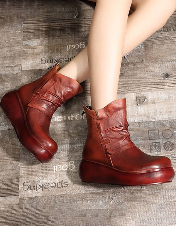 Winter Plush Mid-tube Retro Leather Wedge Boots