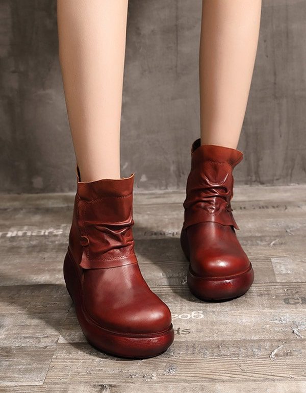 Winter Plush Mid-tube Retro Leather Wedge Boots