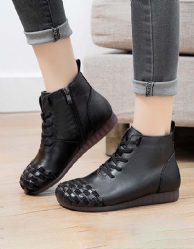 Autumn Winter Leather Weaving Velvet Retro Boots