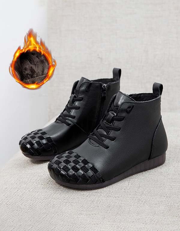 Autumn Winter Leather Weaving Velvet Retro Boots