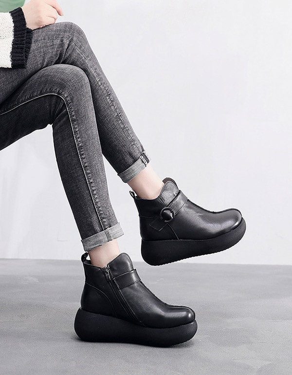 Dame Retro Leather Spenne Platform Boots