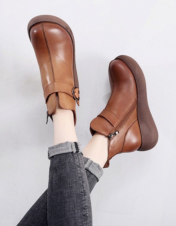 Dame Retro Leather Spenne Platform Boots