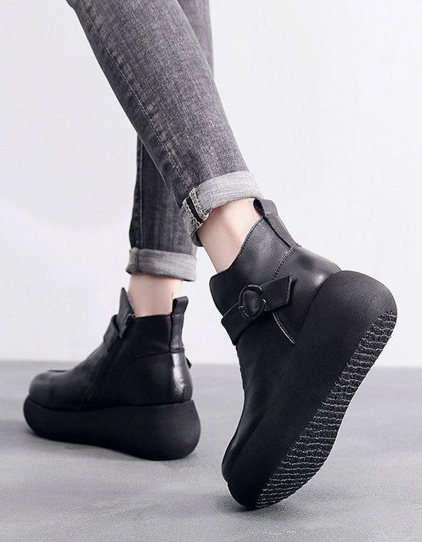 Dame Retro Leather Spenne Platform Boots