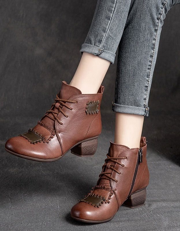 Håndlagde Retro Leather Patch Chunky Boots