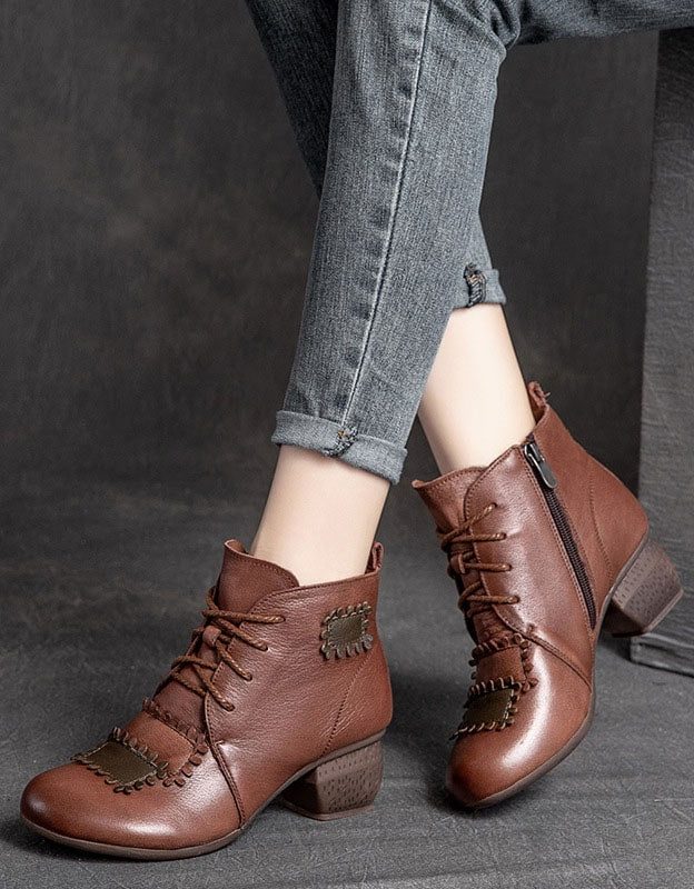 Håndlagde Retro Leather Patch Chunky Boots