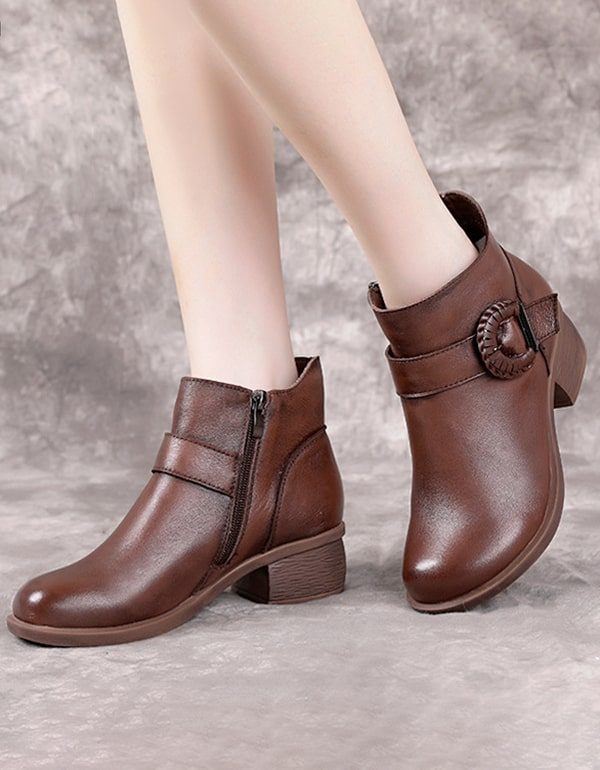 Håndlagde Spenne Chunky Heel Retro Short Boots