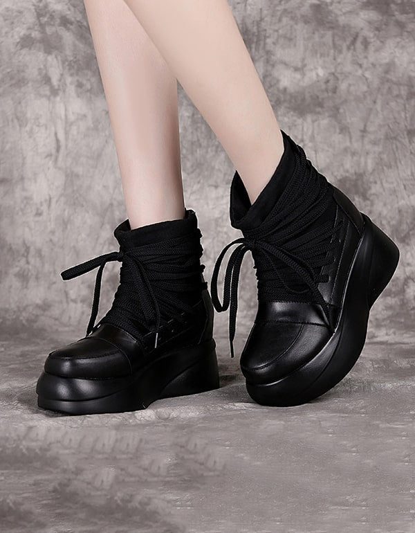 Høst Vinter Retro Lær Lace-up Platform Boots