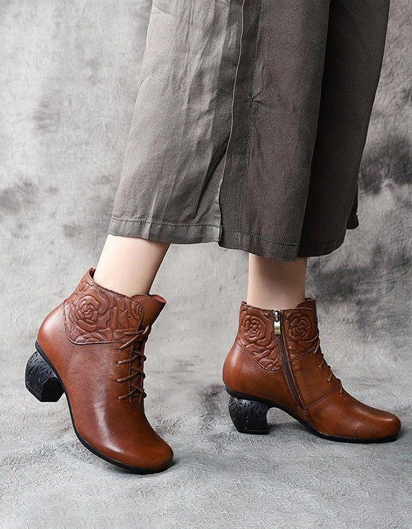 Høst Vinter Round Head Retro Leather Chunky Boots