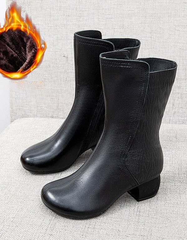 Mid-tube Round Head Plysj Retro Chunky Boots