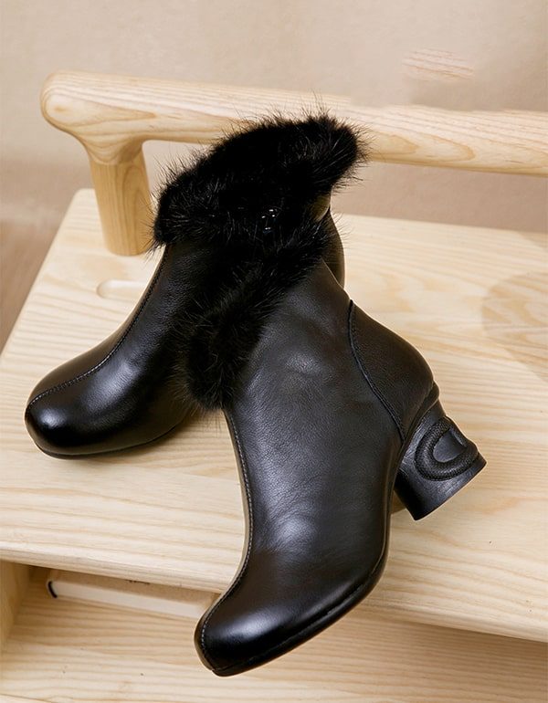 Vinterplysj Retro Leather Elegant Chunky Boots