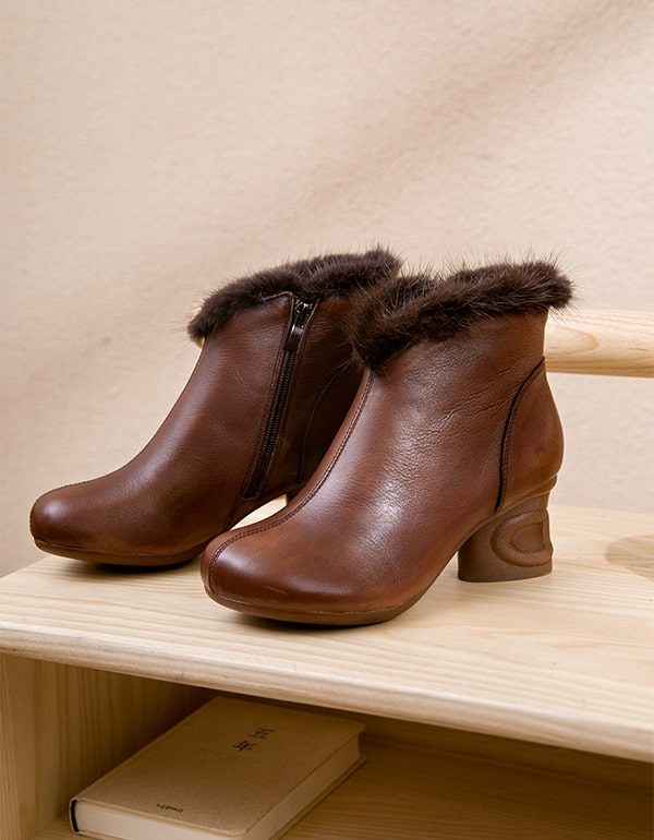 Vinterplysj Retro Leather Elegant Chunky Boots