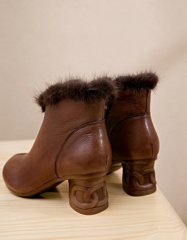 Vinterplysj Retro Leather Elegant Chunky Boots