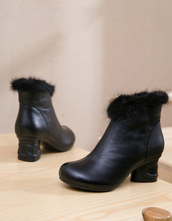 Vinterplysj Retro Leather Elegant Chunky Boots