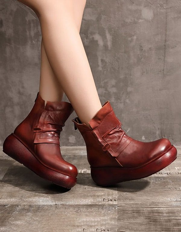 Winter Plush Mid-tube Retro Leather Wedge Boots