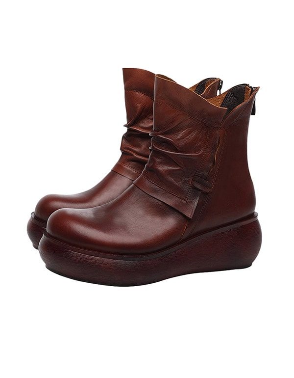 Winter Plush Mid-tube Retro Leather Wedge Boots