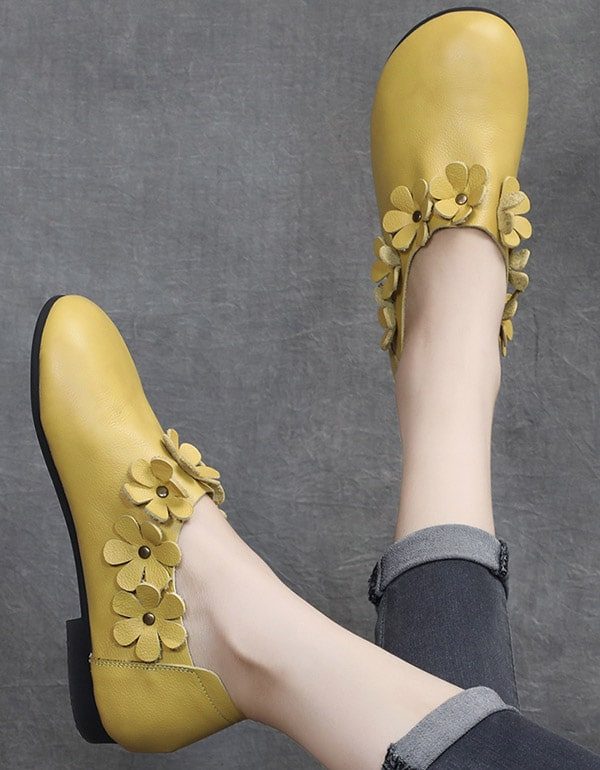 Flower Soft Leather Retro Flat Sko For Dame