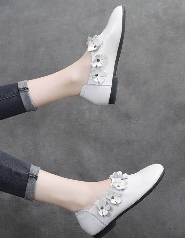 Flower Soft Leather Retro Flat Sko For Dame