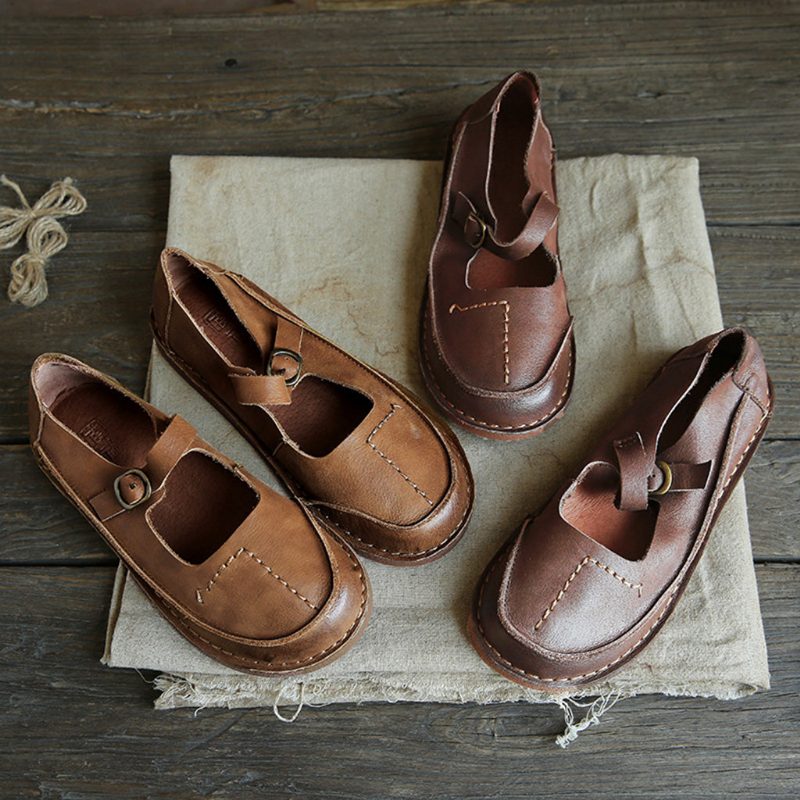 Four Season Leather Retro Casual Flat Damesko | Gave Sko