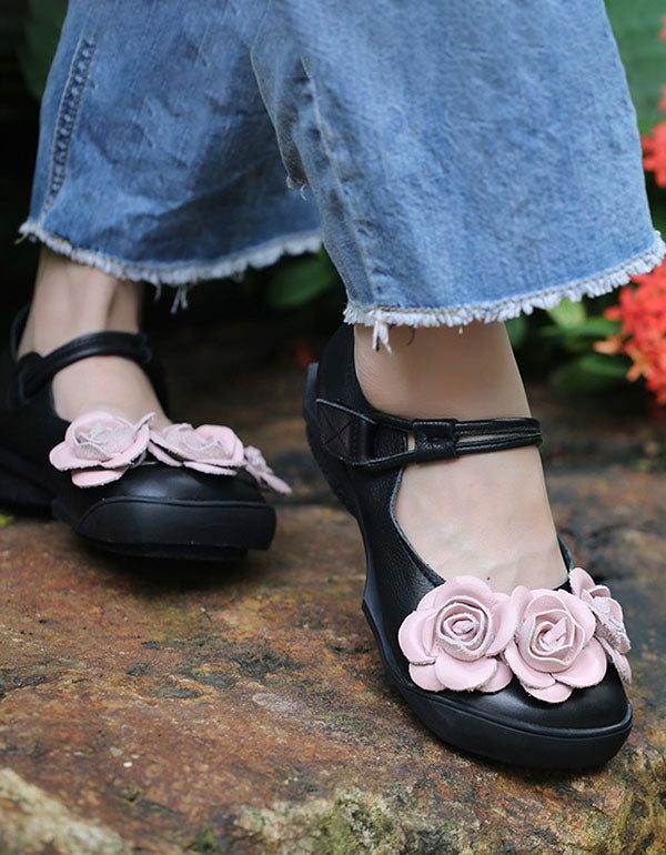 Håndlaget Flower Retro Leather Flate Sko Black