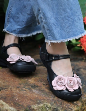 Håndlaget Flower Retro Leather Flate Sko Black