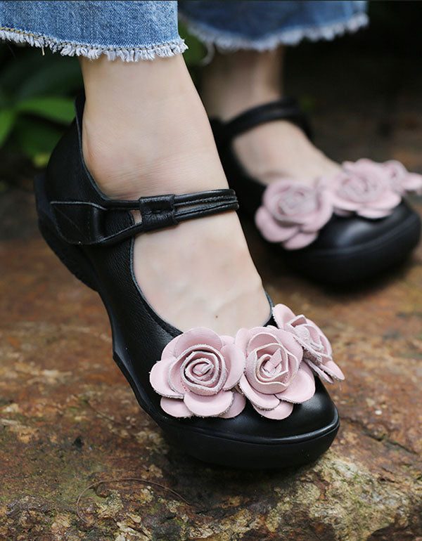 Håndlaget Flower Retro Leather Flate Sko Black