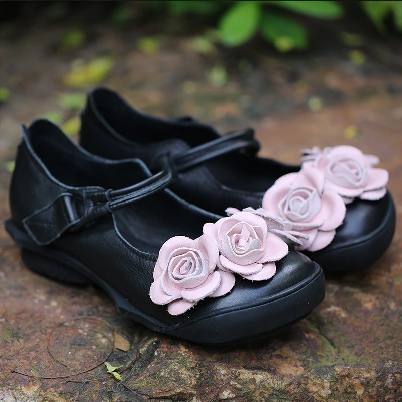 Håndlaget Flower Retro Leather Flate Sko Black