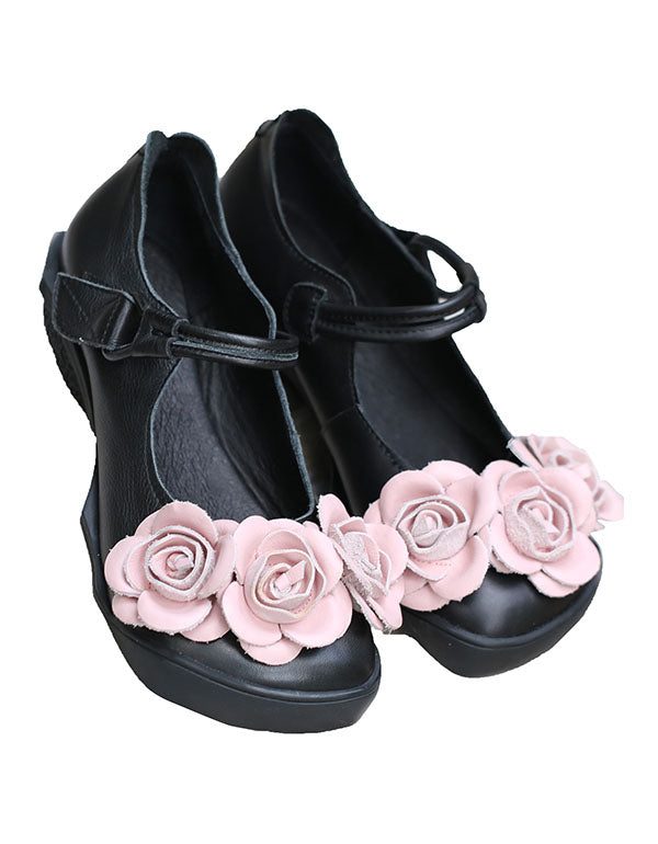 Håndlaget Flower Retro Leather Flate Sko Black