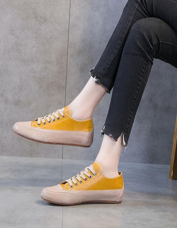 Lace Up Leather Casual Flat Shoes For Kvinner