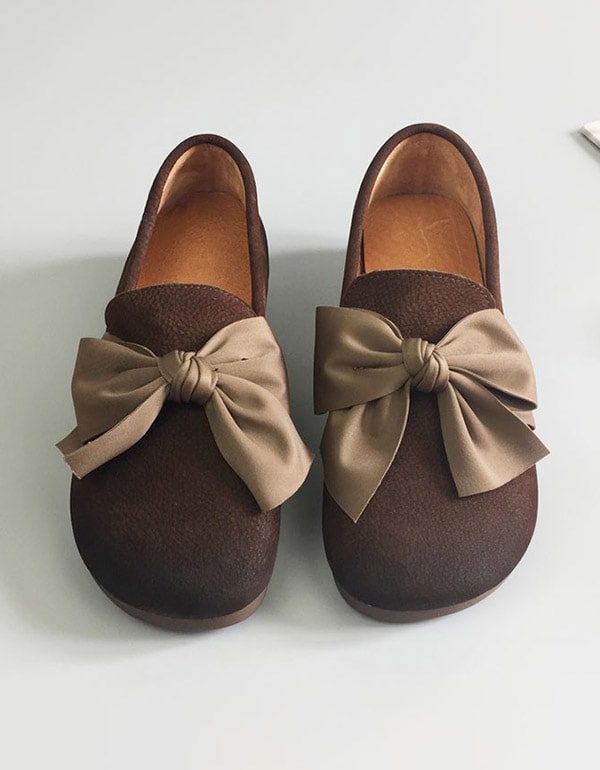 Mykt Skinn Med Rund Hode Bowknot Retro Flate Sko