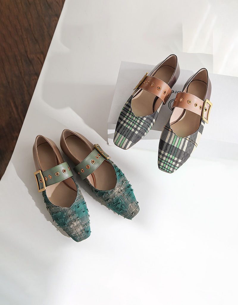 Plaid Low Square Head Mary Jane Chic Flate Sko