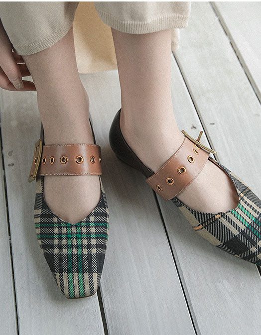 Plaid Low Square Head Mary Jane Chic Flate Sko