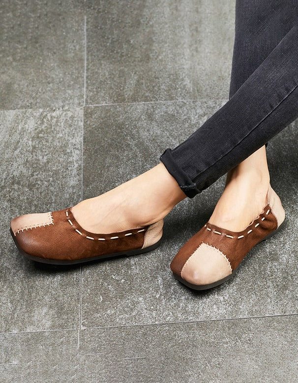 Retro Leather Handmade Patch Flat Sko