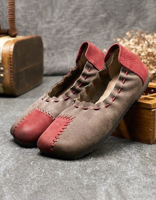 Retro Leather Handmade Patch Flat Sko