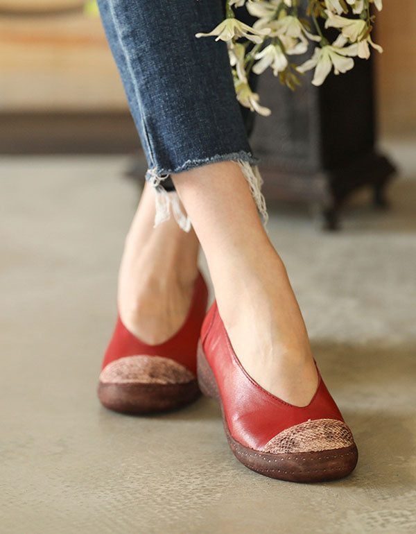 Saueskinn Retro Leather Closed Toe Flat Sko