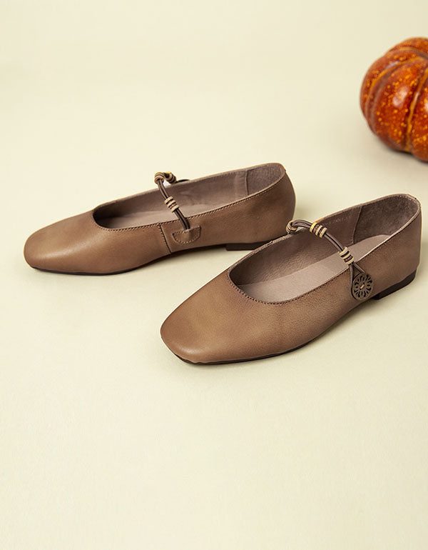 Square Head Retro Leather Flat Sko