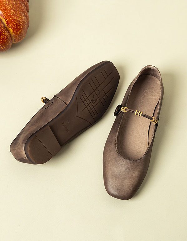 Square Head Retro Leather Flat Sko