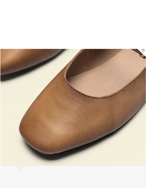 Square Head Retro Leather Flat Sko